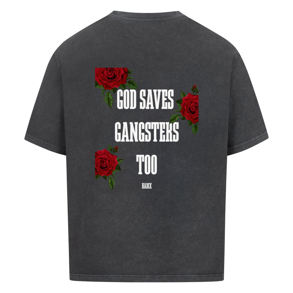 Oversized T-Shirt Hadix Company Rosa Nostra, God saves Gangsters too, roses, backside, Backprint, verwaschene Optik, schwarz/grau