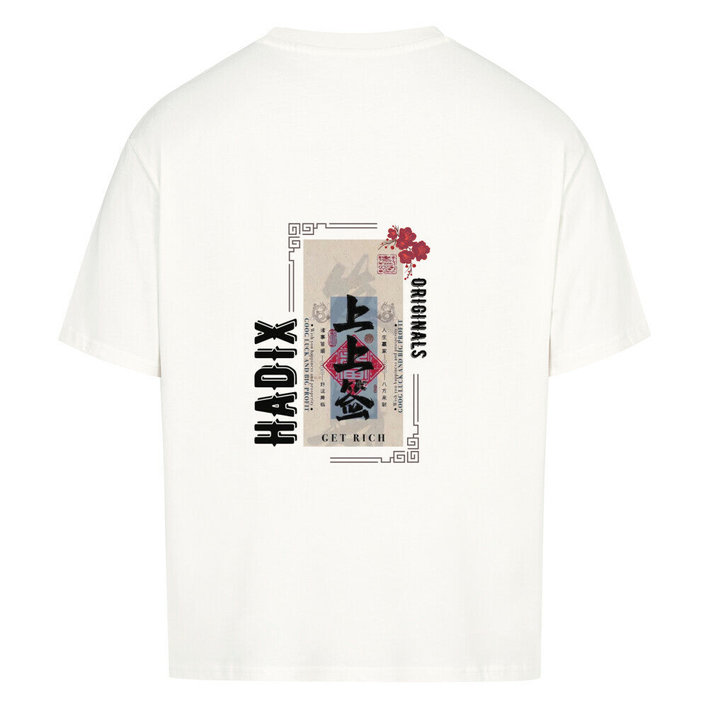Hadix Get Rich oversized T-Shirt mit asiatischen Schriftzeichen und Blumen, unisex, weiß, Sommer, premium Qualität, Asian Brezee, Backside, Backprint