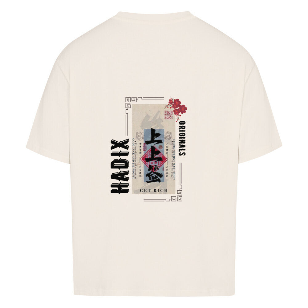 Hadix Get Rich oversized T-Shirt mit asiatischen Schriftzeichen und Blumen, unisex, Beige, Sommer, premium Qualität, Asian Brezee, Backside, Backprint
