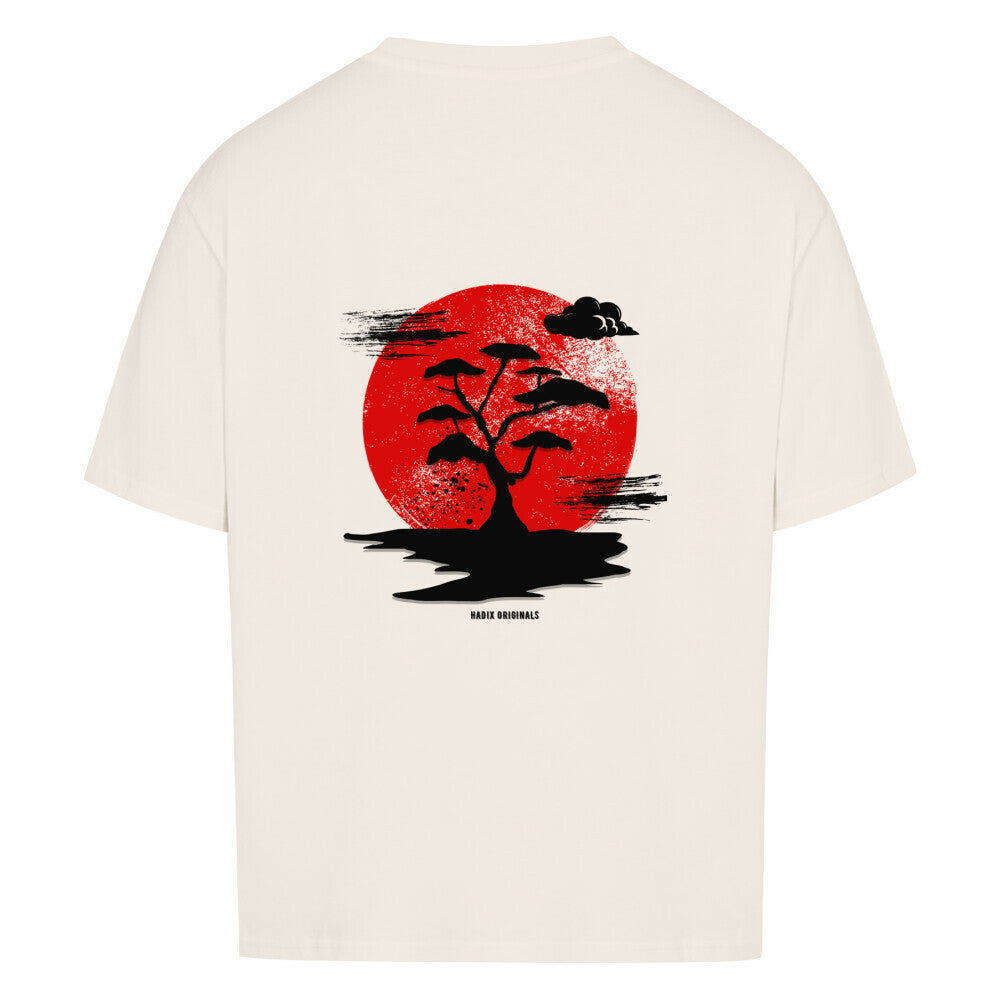 Heavy oversized T-Shirt with Japanese and asian tradition, red moon, clouds anime