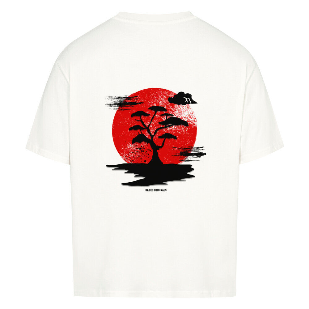 Hadix oversized heavy t-shirt red moon, clouds, anime, Chinese Japanese culture asian tradition, bonsai tree